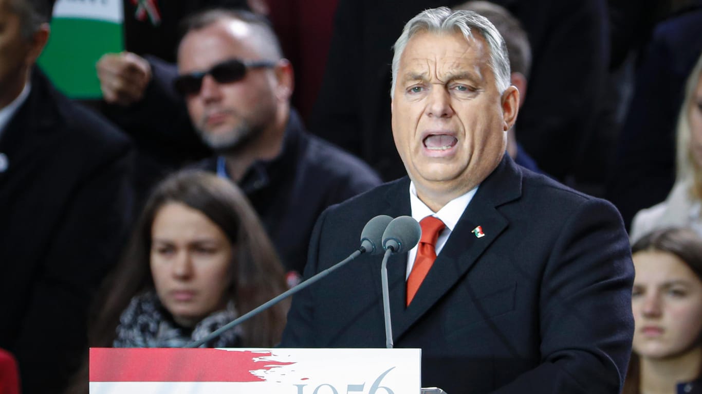 Viktor Orbán: Der ungarische Ministerpräsident spricht bei Protesten in Budapest.