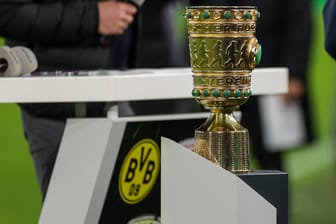 Der echte DFB-Pokal am Rande des Spiels zwischen dem BVB und Ingolstadt. Eine Nachbildung wurde von Fans aus einer Dortmunder Kneipe gestohlen.