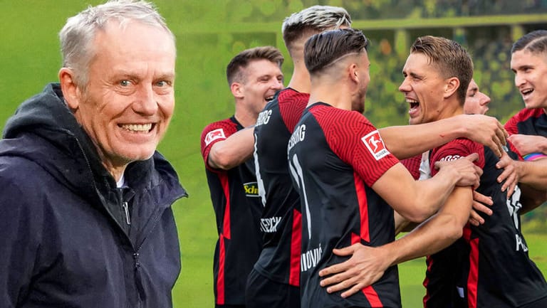 Jubel bei den Freiburgern und ein glücklicher Trainer Christian Streich: Das Team ist bisher in der Liga noch ungeschlagen.