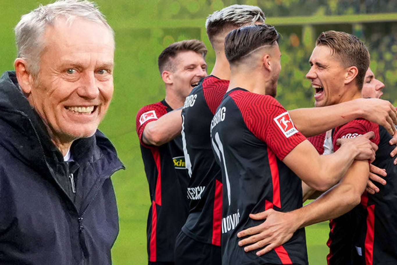 Jubel bei den Freiburgern und ein glücklicher Trainer Christian Streich: Das Team ist bisher in der Liga noch ungeschlagen.