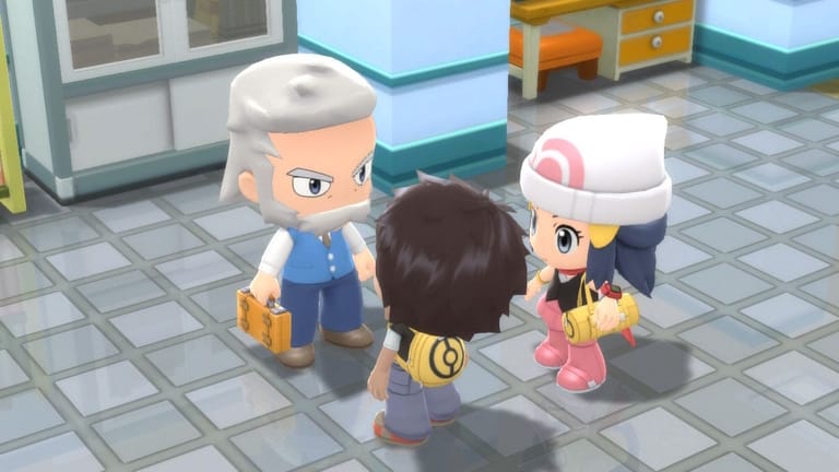 Der Pokémon-Professor Eibe (links), die Protagonistin Lucia (rechts) und der eigene spielbare Held (Mitte) zu Beginn des Spiels.