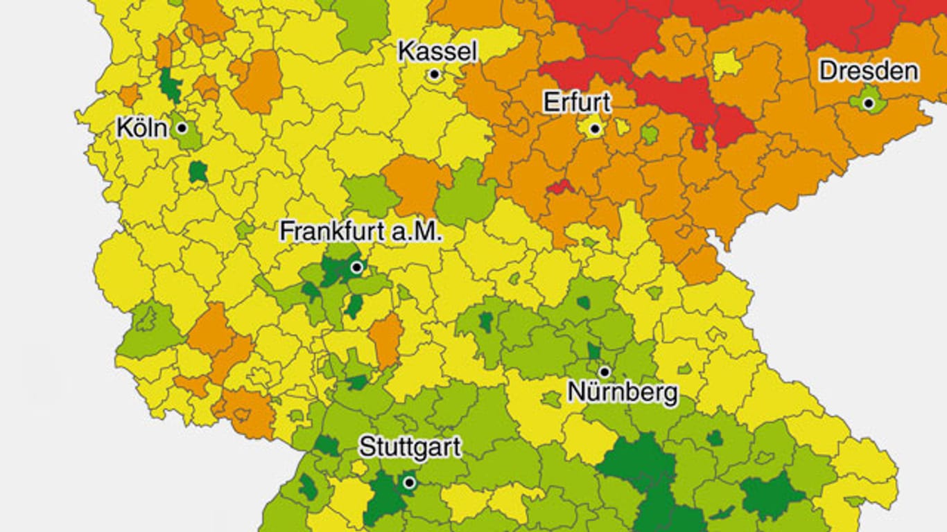 Laut Postbank-Studie ist bei den grün markierten Städten und Kreisen mit dem größten Wertzuwachs bei Immobilien zu rechen. Orange und rot bedeuten hohe Zukunftsrisiken.