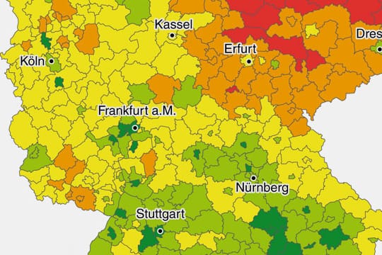 Laut Postbank-Studie ist bei den grün markierten Städten und Kreisen mit dem größten Wertzuwachs bei Immobilien zu rechen. Orange und rot bedeuten hohe Zukunftsrisiken.