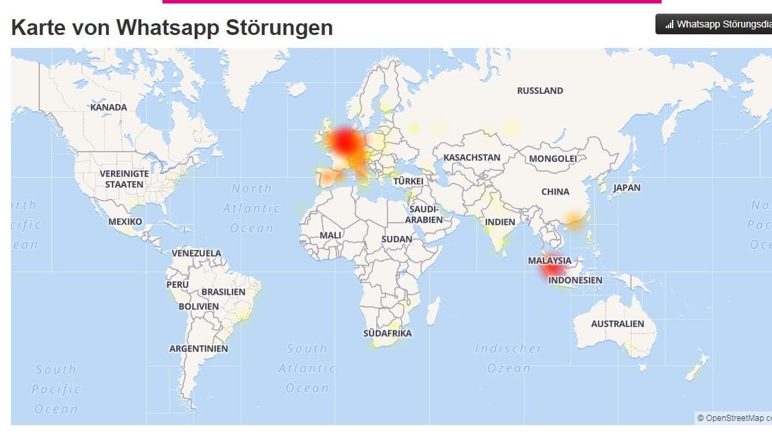 Eine Karte zeigt die Schwerpunkte des WhatsApp-Ausfalls