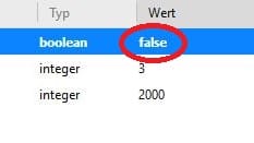 Verstecktes Konfigurationsmenü: Wenn der Wert auf "false" steht, ist die Option deaktiviert.