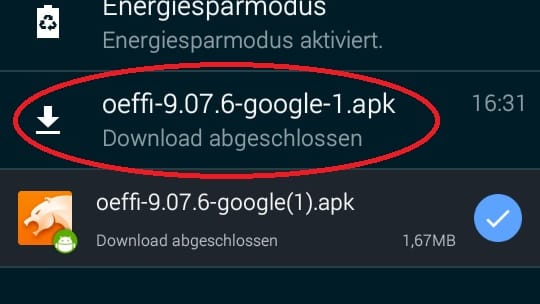 Nachdem Sie die apk-Datei heruntergelaen haben, klicken Sie den Download in den Benachrichtigungen an.