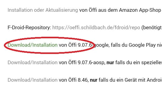 Wählen Sie auf der Webseite des Entwicklers eine "Öffi"-Version, die Sie herunterladen möchten.