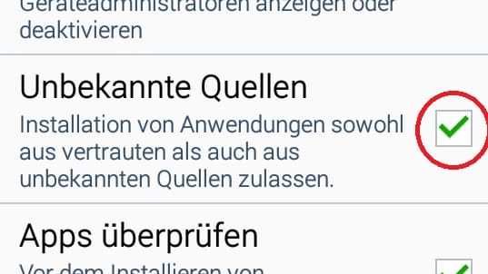 Aktivieren Sie in den Sicherheits-Einstellungen "Unbekannte Quellen".