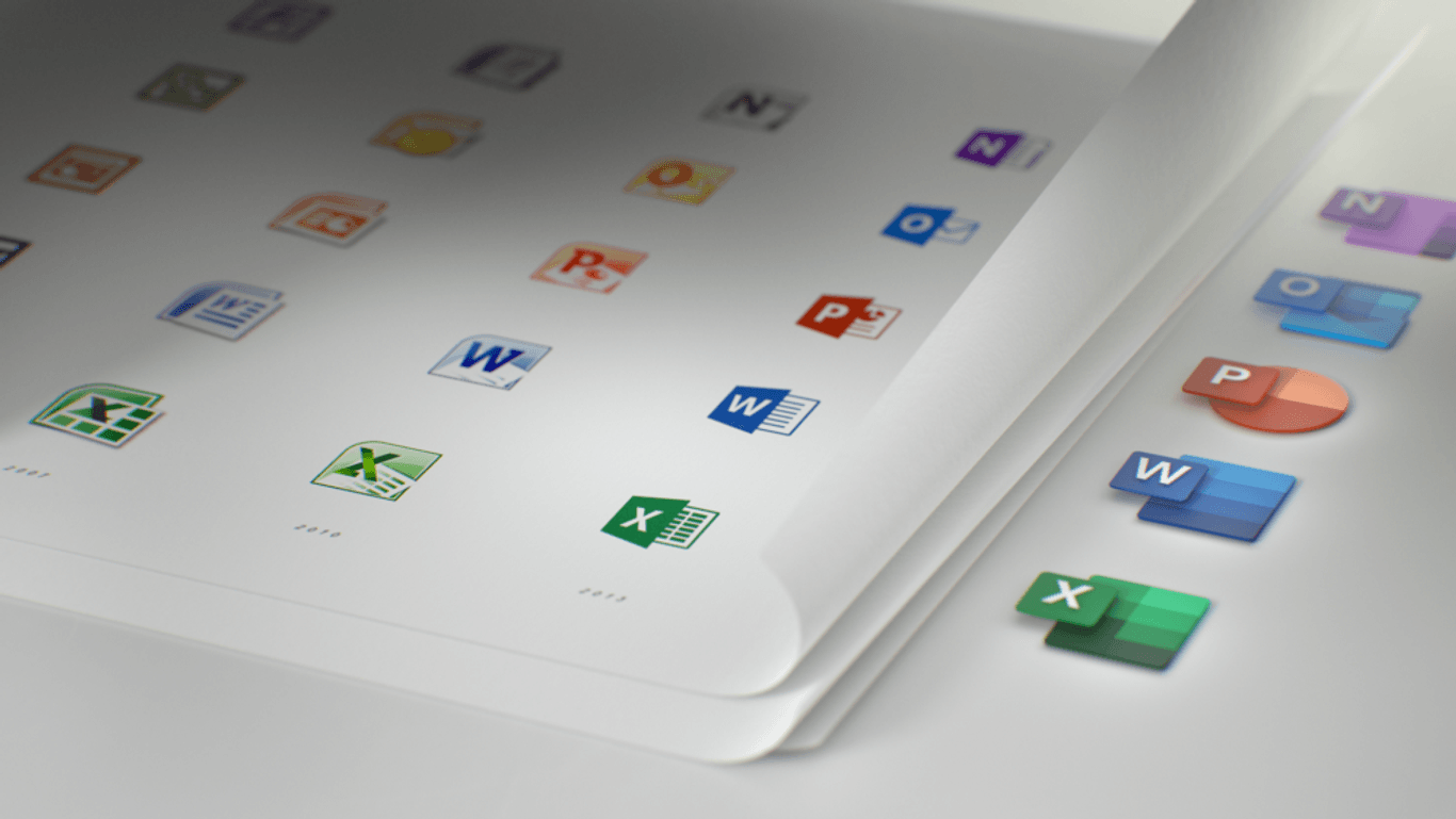 Ein Bild von Microsoft mit den neuen Office-Symbolen (rechts im Bild) in Vergleich zu älteren Versionen.