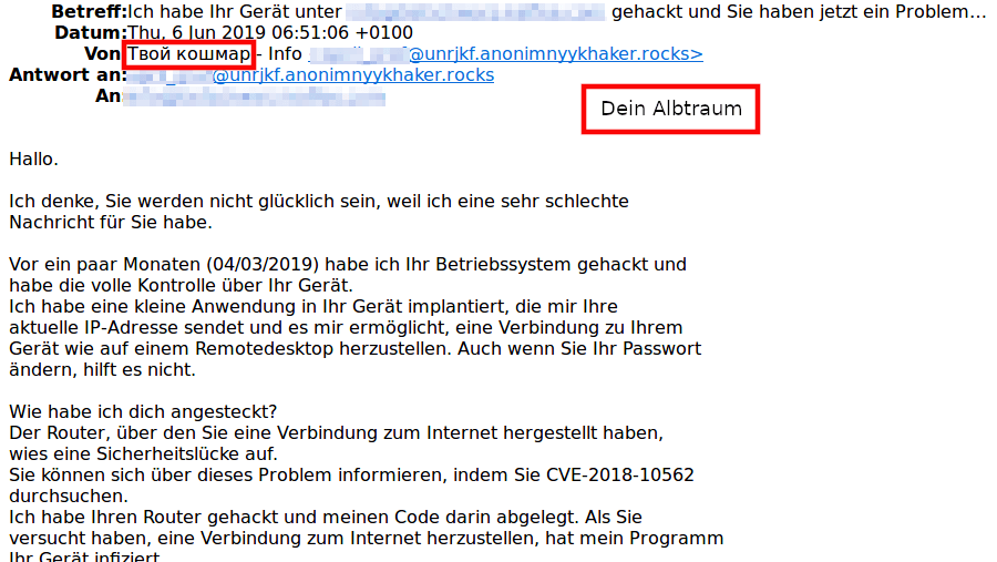 So sieht eine aktuelle Erpressungsmail aus.