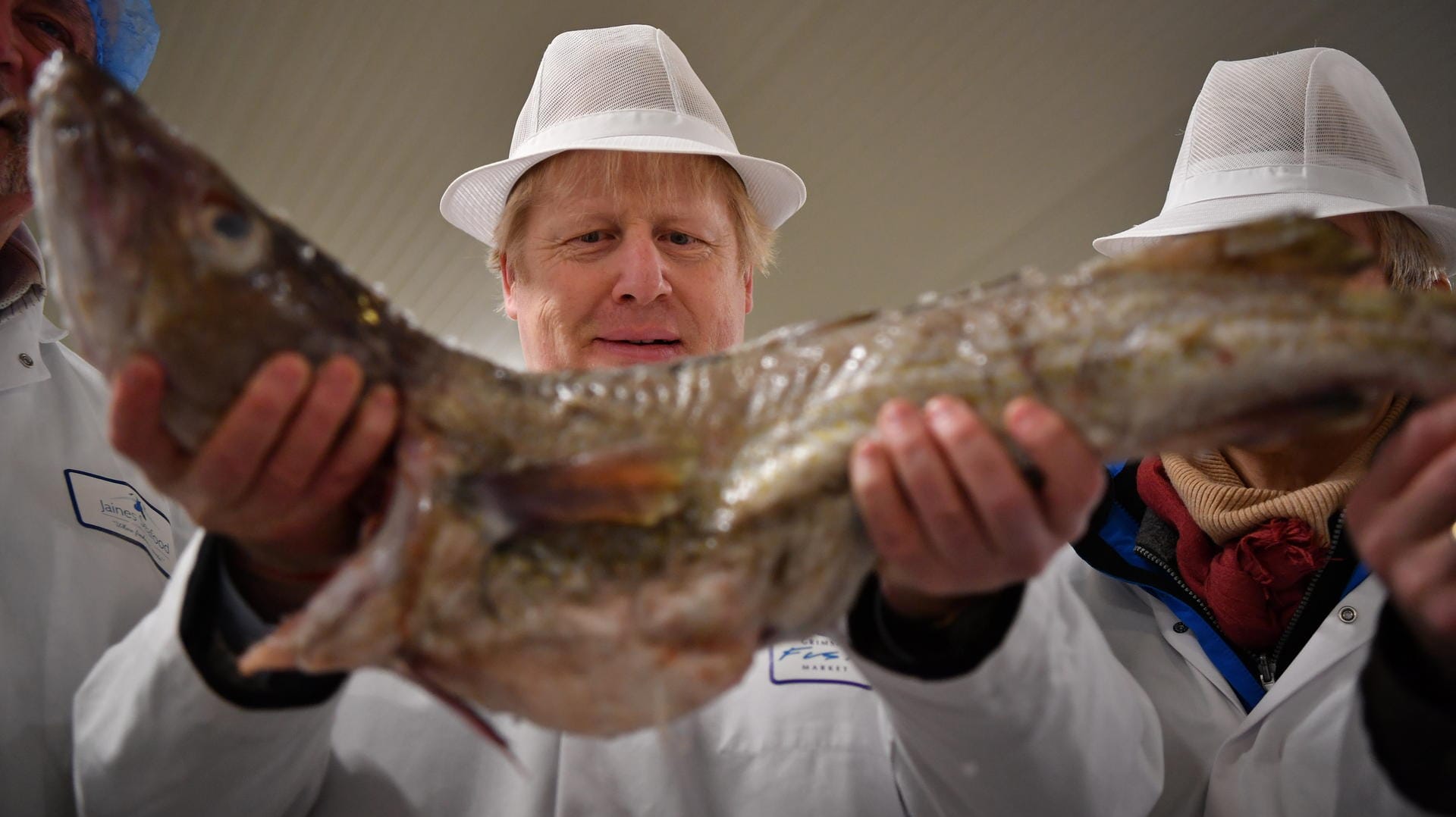 Boris Johnson beim Wahlkampf 2019 im Grimsby Fischmarkt mit einem Dorsch: Die Fischereirechte sind zu einem Stolperstein bei den Verhandlungen über einen Brexit-Handelspakt geworden.