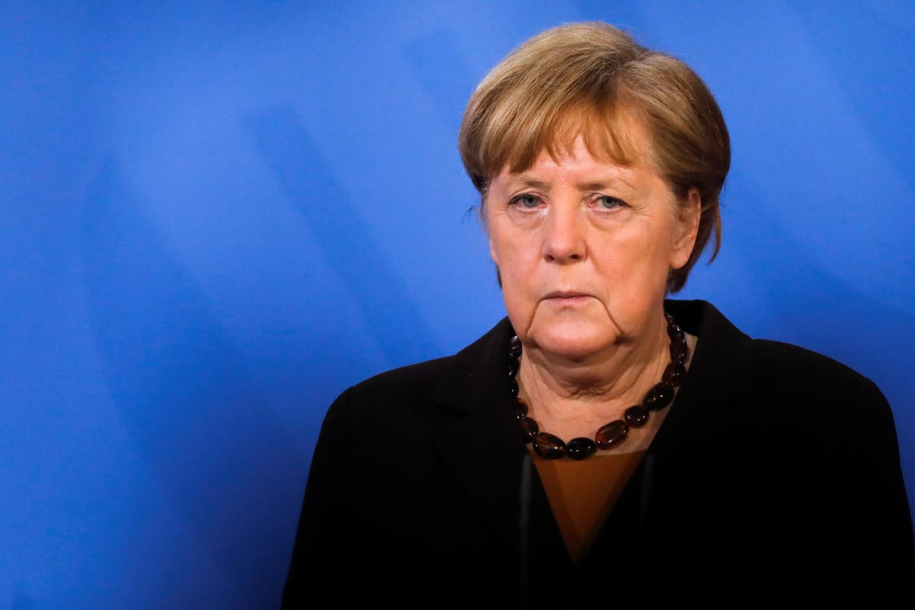 German Chancellor Angela Merkel briefs the media after a virtual meeting with federal state governors at the chancellery in Berlin