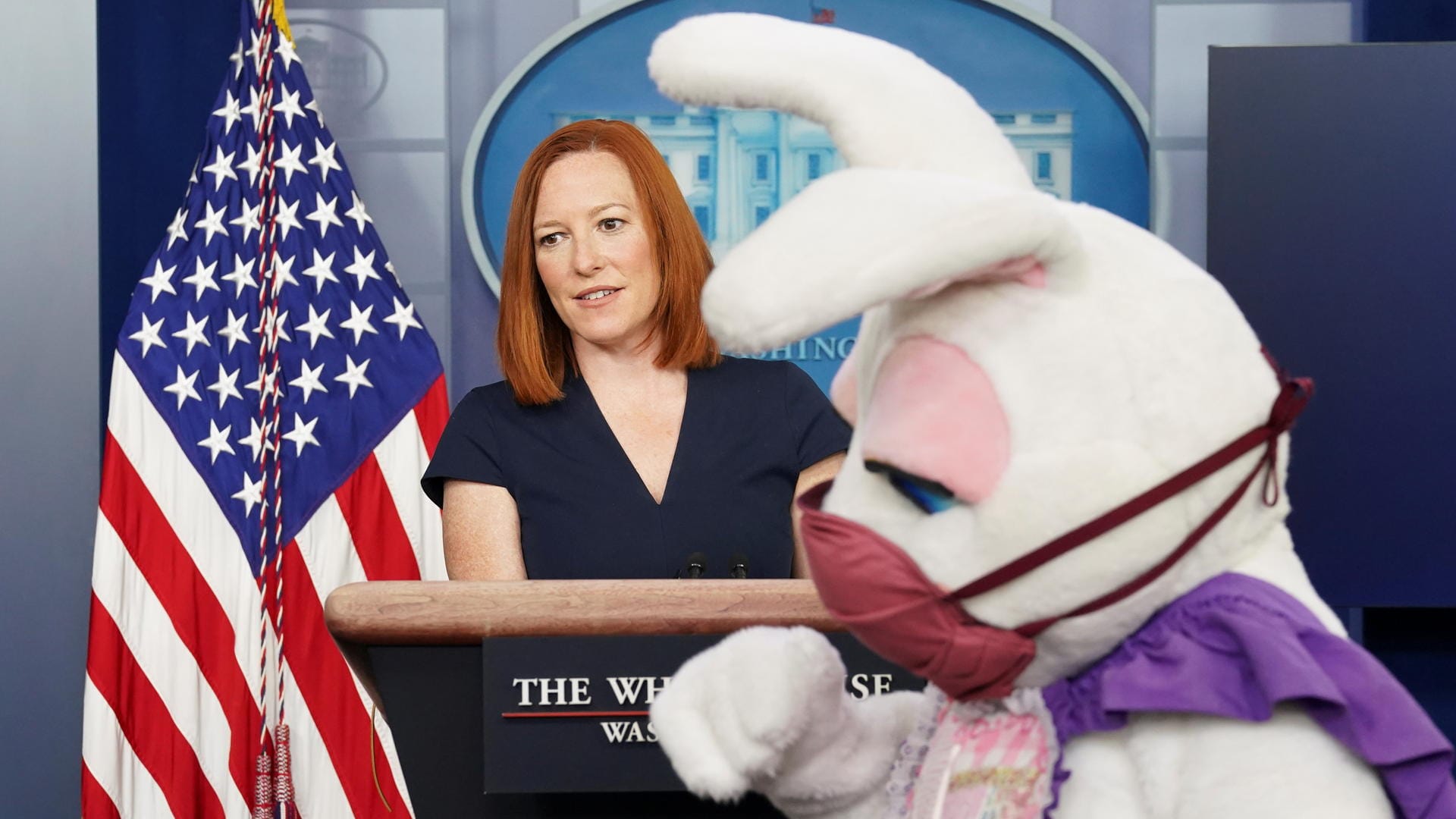 The Easter Bunny visits as Jen Psaki speaks at the White House, in Washington The Easter Bunny visits as Jen Psaki speaks at the White House, in Washington