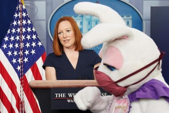 The Easter Bunny visits as Jen Psaki speaks at the White House, in Washington