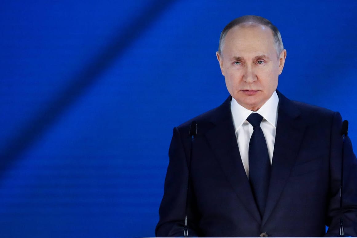 MOSCOW, RUSSIA  APRIL 21, 2021: Russia s President Vladimir Putin delivers his annual address to the Federal Assembly o