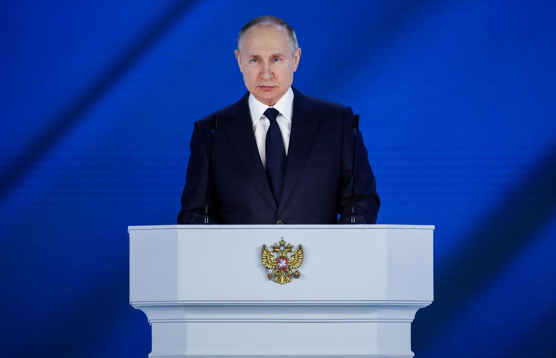 MOSCOW, RUSSIA  APRIL 21, 2021: Russia s President Vladimir Putin delivers his annual address to the Federal Assembly o