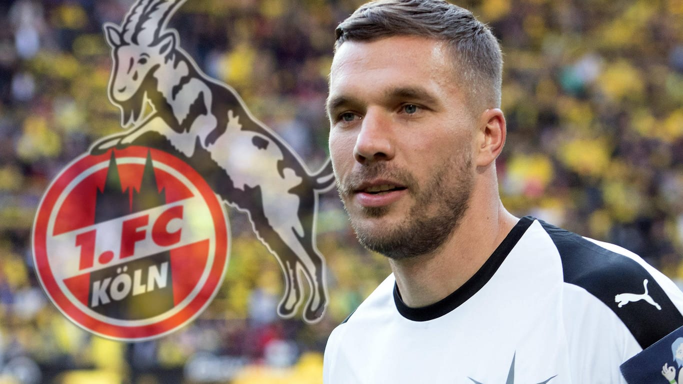 Lukas Podolski und der Geißbock (Fotomontage): Poldi fand während der Mitgliederversammlung auf Twitter klare Worte zu einer möglichen FC-Zukunft.