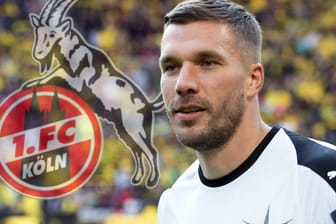 Lukas Podolski und der Geißbock (Fotomontage): Poldi fand während der Mitgliederversammlung auf Twitter klare Worte zu einer möglichen FC-Zukunft.