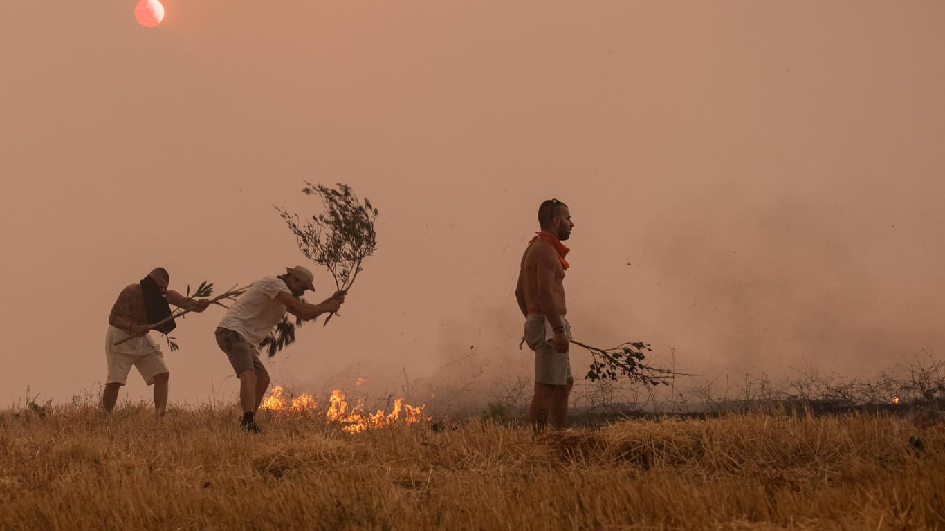 Menschen versuchen einen Buschbrand in Griechenland zu löschen: Die neue Studie des Weltklimarates warnt vor mehr Hitzewellen, Dürre und Starkregen.