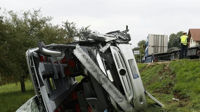 Das Buswrack auf einer Wiese.