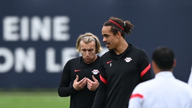 Gegen den FC Brügge gesetzt: Die Leipziger Torjäger Emil Forsberg (l) und Yussuf Poulsen.