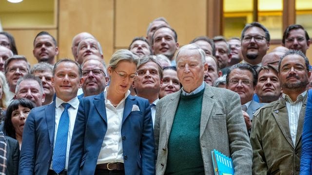 Der AfD-Bundesvorsitzende Tino Chrupalla (l) und die AfD-Fraktionsvorsitzenden Alice Weidel sowie Alexander Gauland (vorne) stehen mit weiteren Fraktionsmitgliedern zusammen.