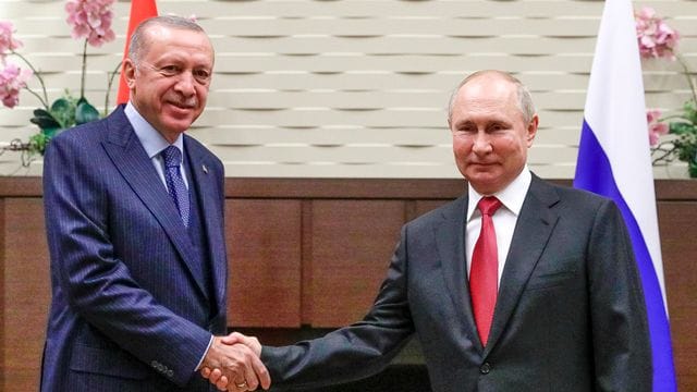 Handschlag: Wladimir Putin (r) und Recep Tayyip Erdogan in der russischen Staatsresidenz Bocharov Ruchey.