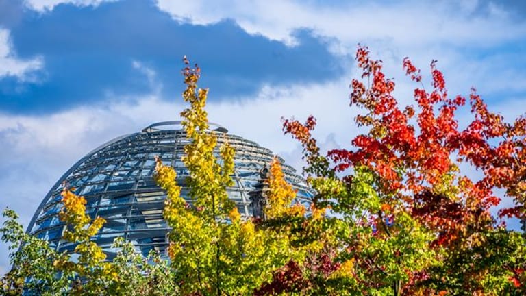 Die Kuppel auf dem Deutschen Bundestag hinter bunt gefärbten Laubbäumen.