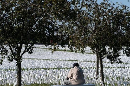 Ein Besucher sitzt auf einer Bank und betrachtet die von der Künstlerin Suzanne Brennan Firstenberg geschaffene Installation "In America: Remember" in Washington DC.