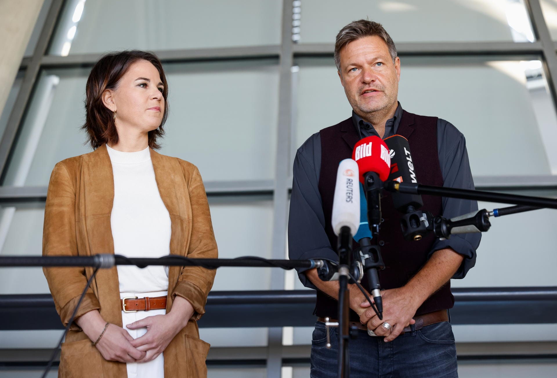 Greens party co-leaders Baerbock and Habeck give a statement, in Berlin