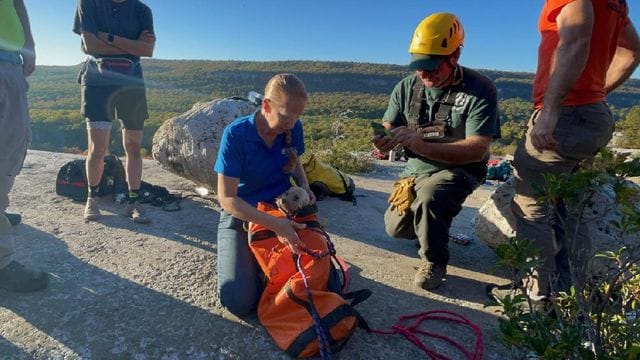 Höhlenretter und Hund im Rettungsrucksack: Nach fünf Tagen konnte der Hund aus einer Felsspalte gerettet werde.