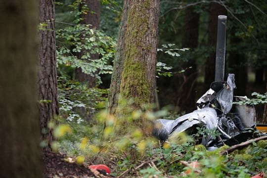 Trümmerteile eines Hubschraubers vom Typ Robinson R44 in einem Wald in Buchen.