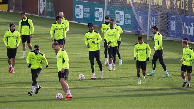 Die BVB-Spieler wärmen sich beim Abschlusstraining für das Spiel in Amsterdam auf.