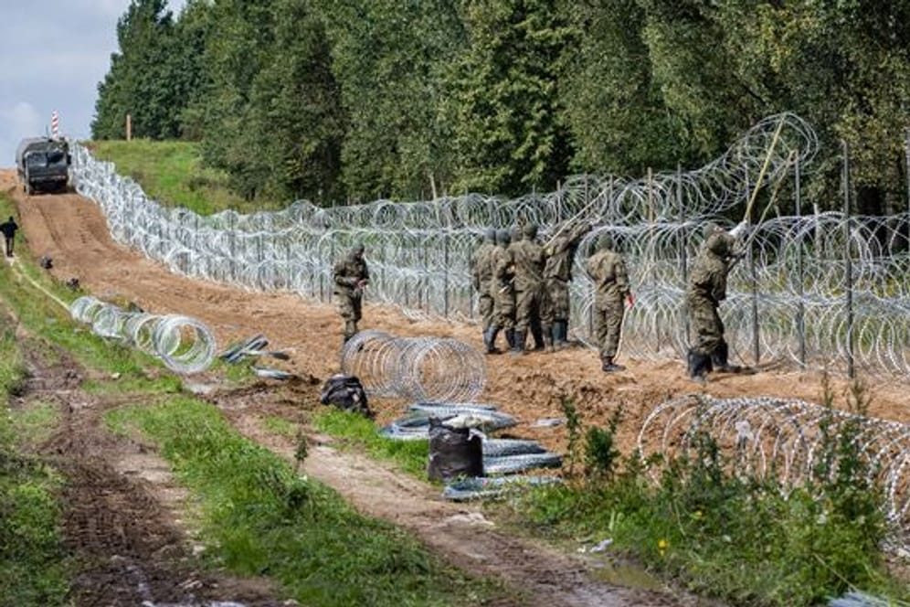 Polnische Soldaten errichten einen Stacheldrahtzaun entlang der Grenze zu Belarus.