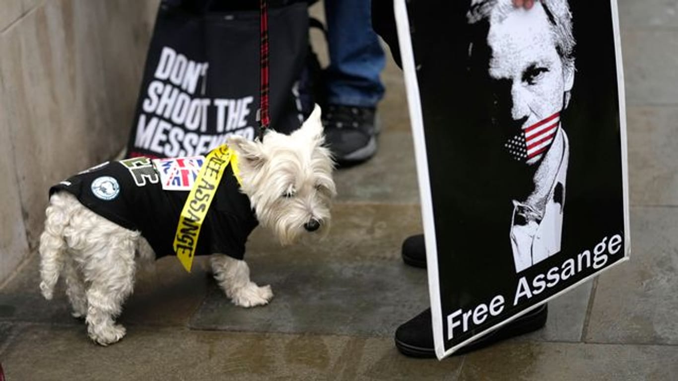 Eine Protestteilnehmerin hält während der Demonstration vor dem Gericht in London ein Plakat, auf dem Julian Assange abgebildet ist.