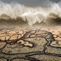Alte Karte des Wattenmeeres, anrollende Welle (Montage: t-online): Die legendäre Stadt Rungholt wurde vom Meer verschlungen.
