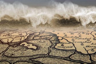 Alte Karte des Wattenmeeres, anrollende Welle (Montage: t-online): Die legendäre Stadt Rungholt wurde vom Meer verschlungen.