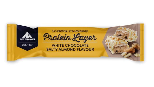 Der "Multipower Protein Layer White Chocolate Salty Almond" könnte Spuren von Erdnüssen enthalten.