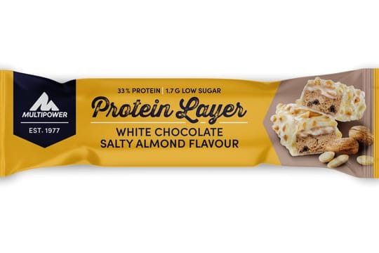 Der "Multipower Protein Layer White Chocolate Salty Almond" könnte Spuren von Erdnüssen enthalten.