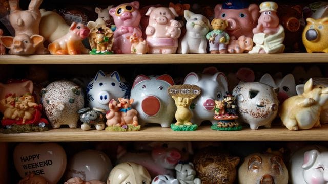 Deko-Schweine stehen in der Wohnung von Rudolf Lausberg: Der Rentner will die ganze Sauen-Sammlung jetzt am liebsten auf einen Schlag loswerden. Deko-Schweine stehen in der Wohnung von Rudolf Lausberg: Der Rentner will die ganze Sauen-Sammlung jetzt am liebsten auf einen Schlag loswerden.