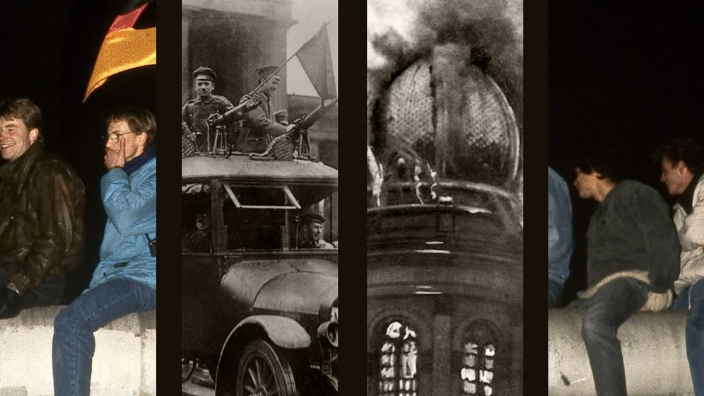 Mauerfall 1989, Revolution 1918 und brennende Synagoge 1938 (Bildcollage: t-online): Der 9. November spiegelt die deutsche Geschichte im 20. Jahrhundert.