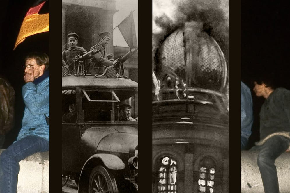 Mauerfall 1989, Revolution 1918 und brennende Synagoge 1938 (Bildcollage: t-online): Der 9. November spiegelt die deutsche Geschichte im 20. Jahrhundert.