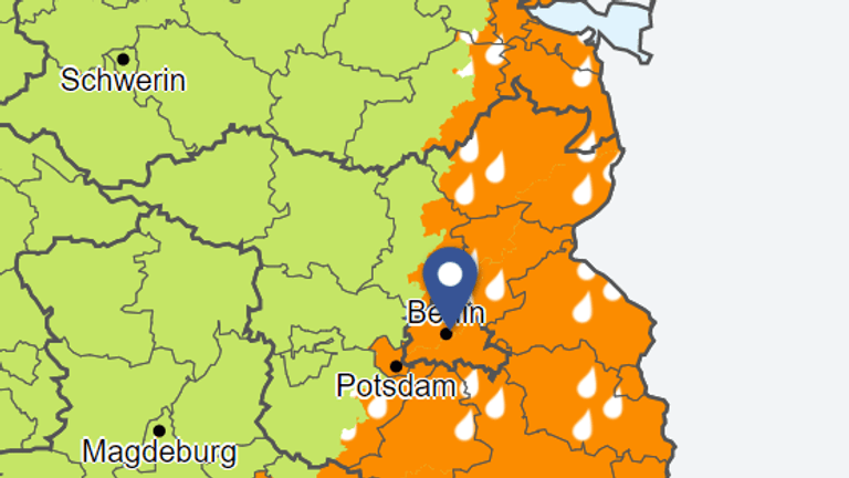 Screenshot einer Karte des Deutschen Wetterdienstes: In Berlin und Brandenburg wird am Donnerstag und Freitag Dauerregen erwartet.