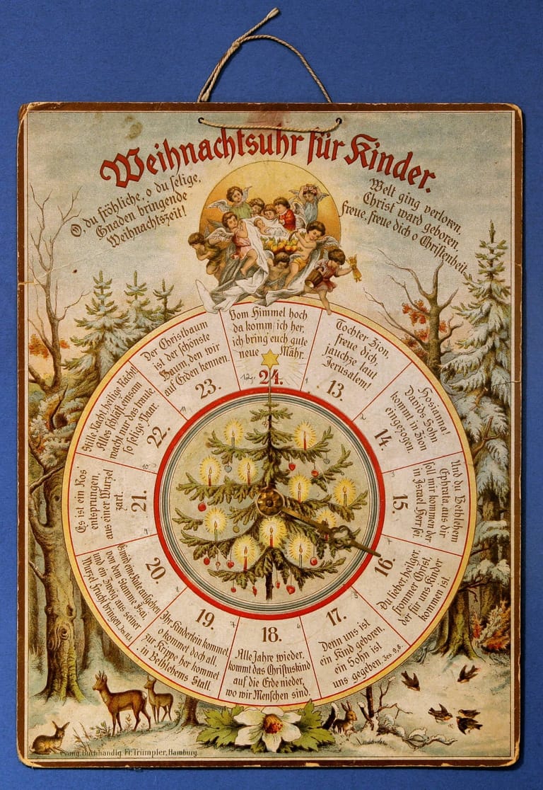 Weihnachtsuhr für Kinder: Sie ist eine Ur-Form des Adventskalenders. Kalender, die am 1. Dezember beginnen, setzten sich erst später durch.