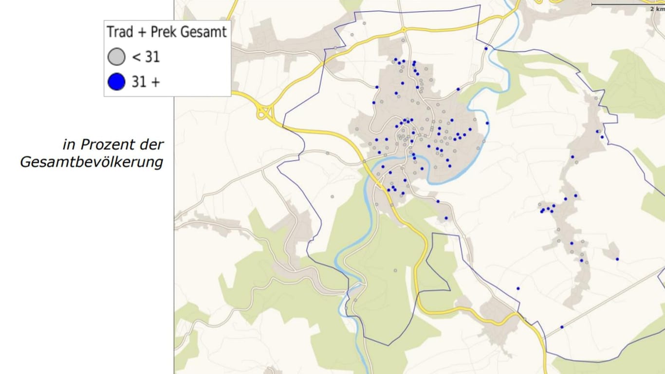 Karte einer Gemeinde im Erzgebirgskreis: Die blauen Punkte zeigen an, wo die Forscher besonders viele Impfskeptiker vermuten.