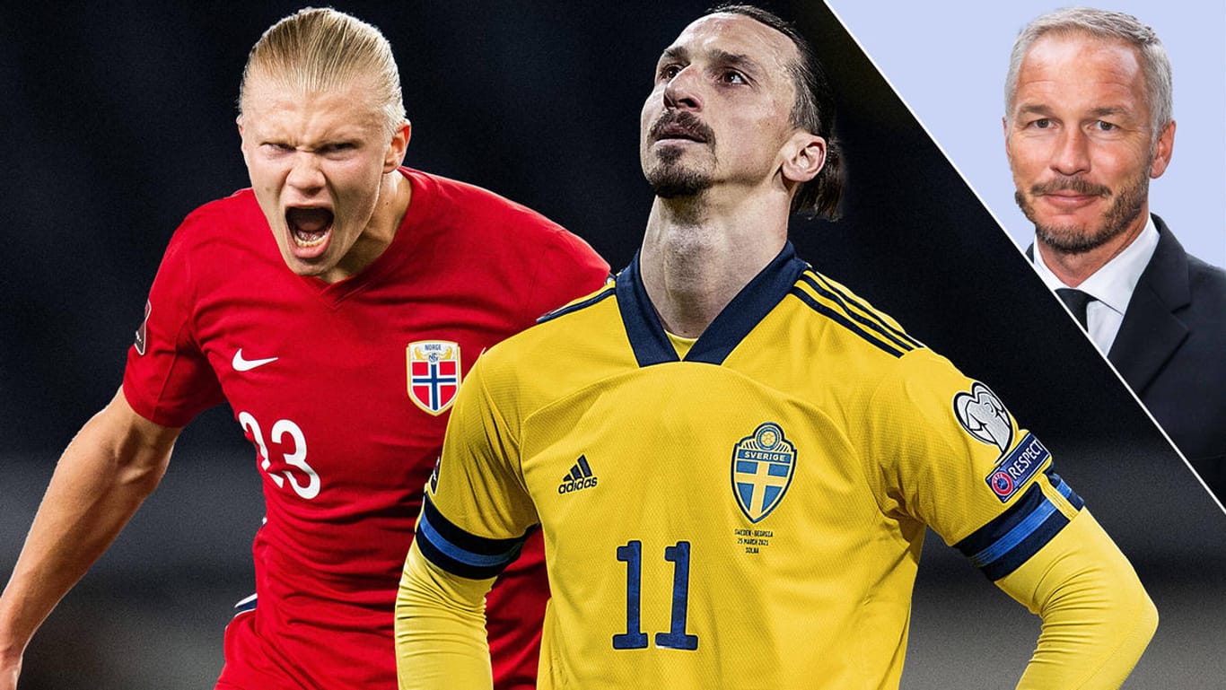 Skandinavische Superstars: Norwegens Erling Haaland (l.) und der Schwede Zlatan Ibrahimovic (M.) hoffen, mit ihrem Heimatländern bei der WM 2022 dabei zu sein. Patrik Andersson (r.) ist Schwede, hält Haaland allerdings für stärker.