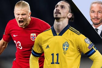 Skandinavische Superstars: Norwegens Erling Haaland (l.) und der Schwede Zlatan Ibrahimovic (M.) hoffen, mit ihrem Heimatländern bei der WM 2022 dabei zu sein. Patrik Andersson (r.) ist Schwede, hält Haaland allerdings für stärker.