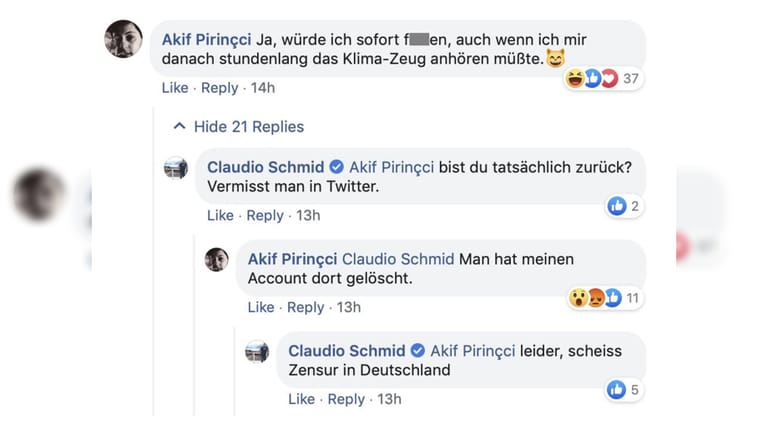 Facebook-Kommentar: Ein Nutzer hatte sich über Luisa Neubauer lustig gemacht und dann ein (O-Ton) "süßes Foto" von ihr gepostet. Pirinçci kommentierte sexistisch. Ein Poltiker der rechtspopulistischen SVP aus der Schweiz begrüßte ihn. Zwischenzeitlich war auch er von Twitter gesperrt.