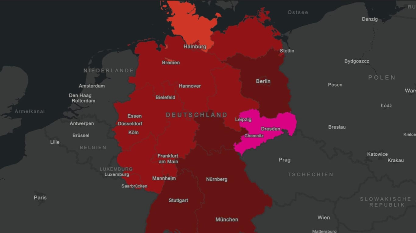 Inzidenzkarte vom Donnerstag: Sachsen leuchtet pink – es ist das erste deutsche Bundesland mit einer Inzidenz von mehr als 500.
