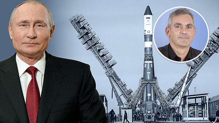 Wladimir Putin und eine Weltraumrakete (Montage: t-online): Im Kosmos hat ganz klar Russland die Nase vorn, meint Wladimir Kaminer.